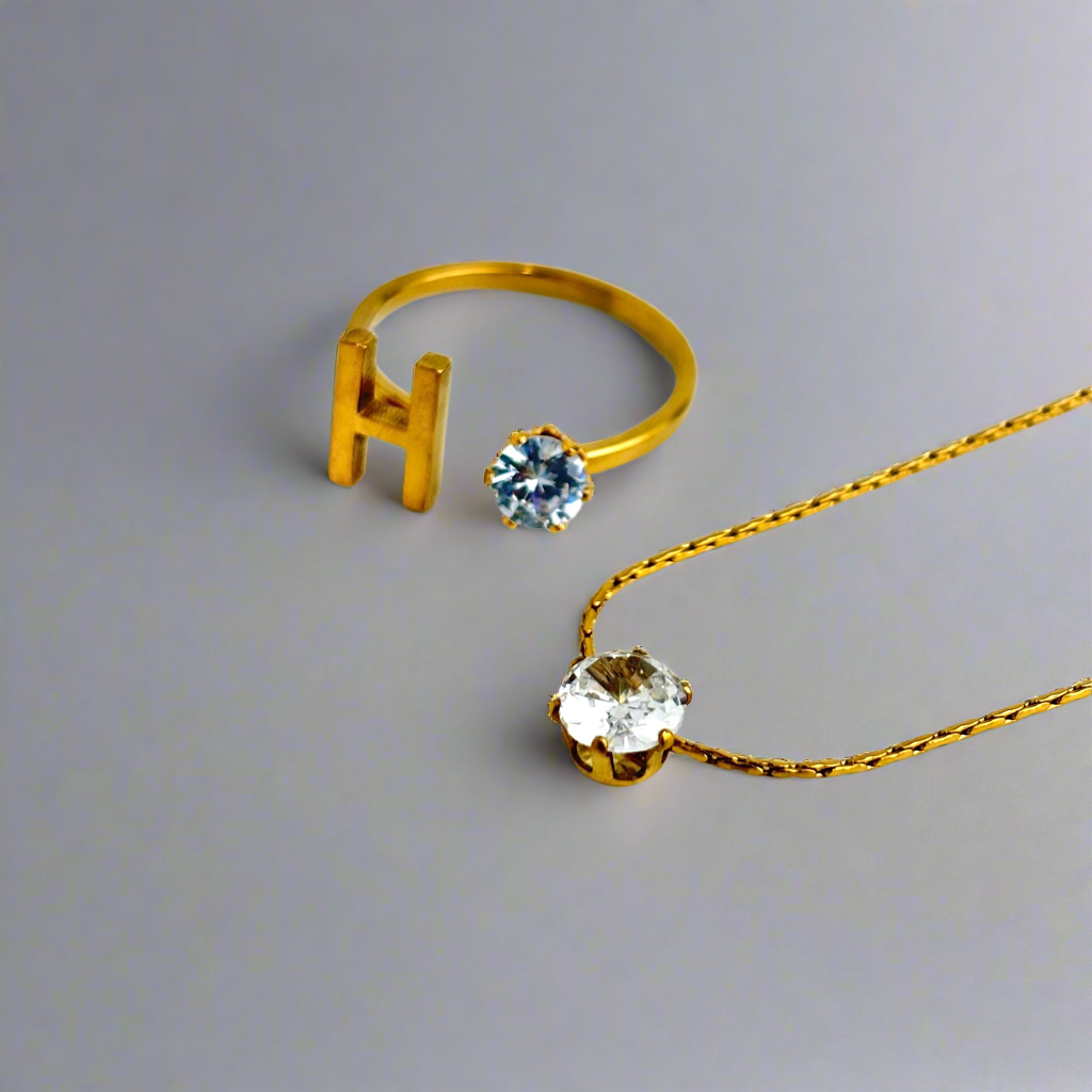 Initial Ring solitaire Necklace Set (H)