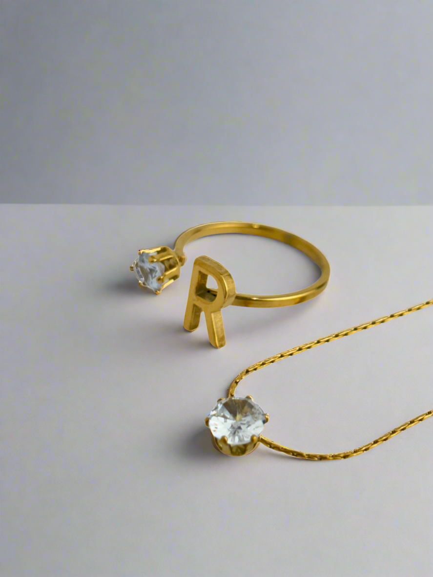 Initial Ring solitaire Necklace Set (R)
